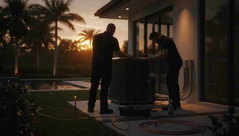 Technicians installing a new AC condenser at a South Florida home