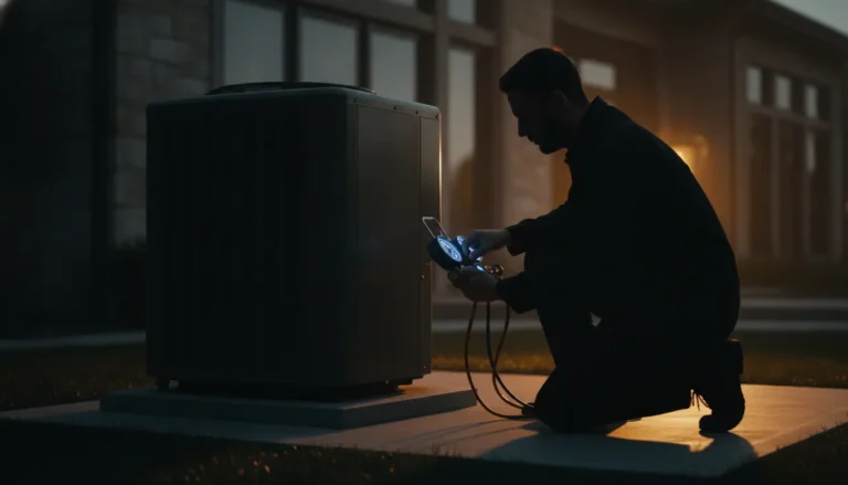 Technician diagnosing an air conditioner with pressure gauges