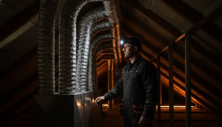 Technician inspecting clean flexible air ducts in an attic