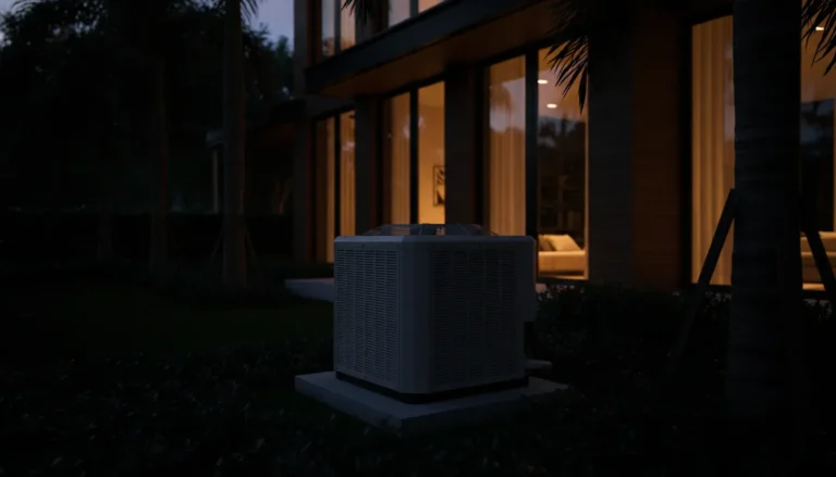 Residential heat pump beside a warmly lit South Florida home in the evening
