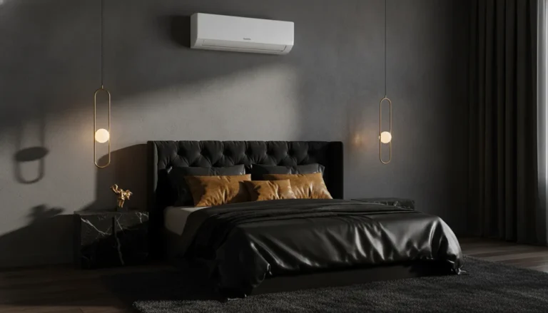 Ductless mini-split unit mounted in a modern luxury bedroom