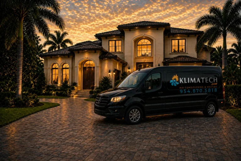 KlimaTech branded service van parked at a luxury South Florida estate at dusk
