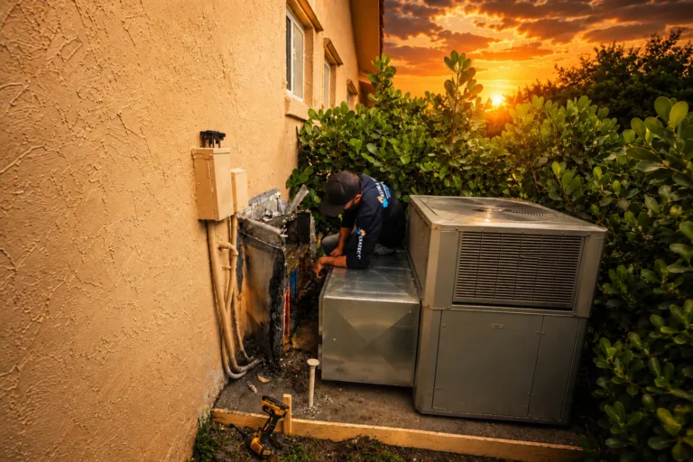 KlimaTech technician servicing an air conditioning system at sunset