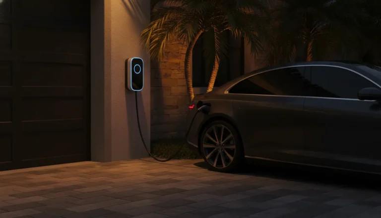 Level 2 home EV charger installed at a South Florida home charging an electric car at dusk