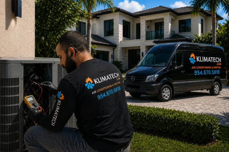 KlimaTech technician in branded uniform with the KlimaTech service van at a luxury home