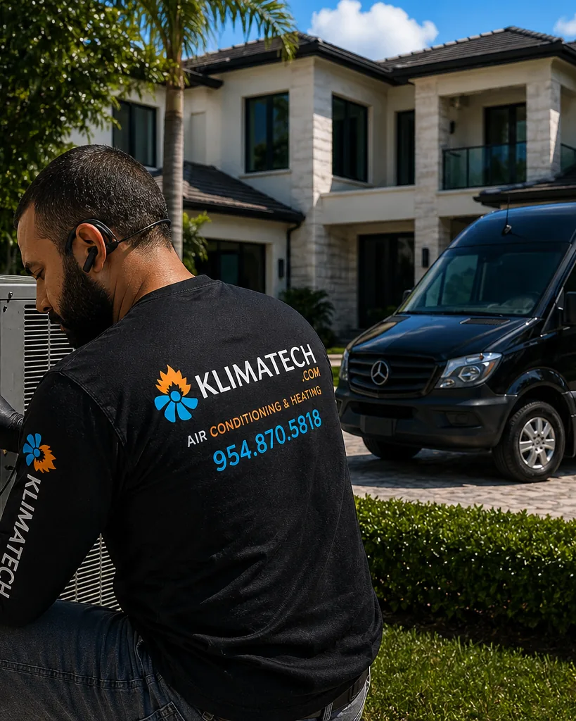 KlimaTech technician in branded uniform diagnosing an AC unit, service van behind