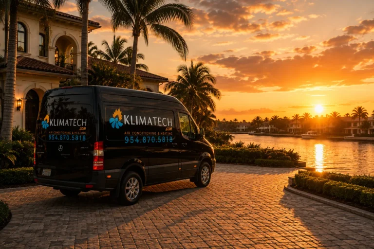 KlimaTech service van at a waterfront South Florida home at sunset